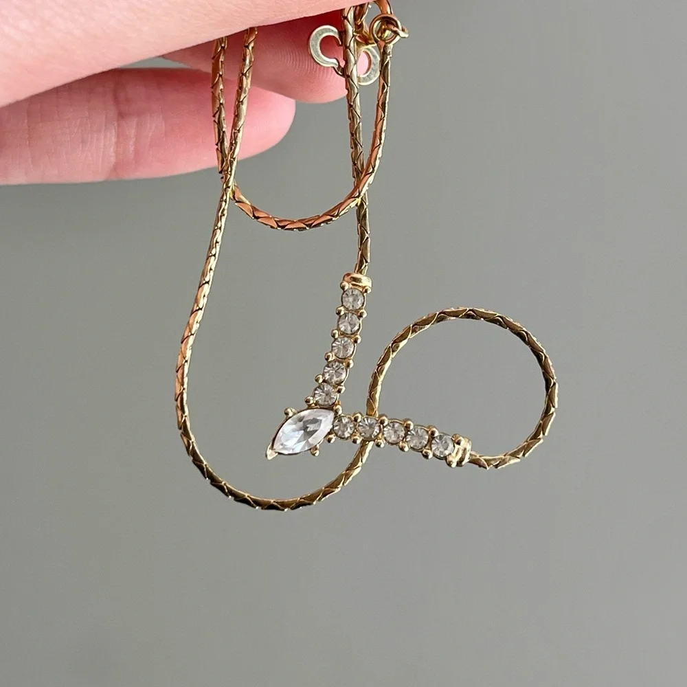 Vintage Christian Dior V Shape Marquise Rhinestone Thin Gold Chain Necklace Cute - Picture 1 of 6